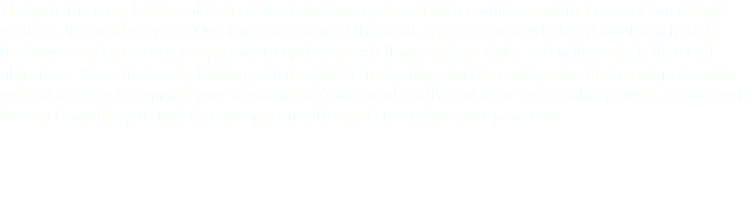 Navigate the complexities of Federal financials management with confidence with Lumen Consulting's strategic financial services. Our team of seasoned financial experts provides tailored solutions to help businesses and government agencies to optimize cash flow, mitigate risks, and achieve their financial objectives. From financial planning and analysis to budgeting and forecasting, we offer a comprehensive suite of services to support your organization's financial health and drive sustainable growth. Partner with Lumen Consulting to unlock new opportunities and streamline your processes.
