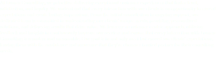 At Lumen Consulting, we prioritize delivering exceptional customer experiences that foster trust, satisfaction, and loyalty. We understand that every interaction with our clients is an opportunity to exceed expectations and create lasting impressions. From the initial consultation to ongoing support, our dedicated team is committed to understanding our clients' unique needs, providing personalized solutions, and delivering results that drive value. We leverage a customer-centric approach, utilizing feedback and insights to continuously improve our services and ensure that every interaction with Lumen Consulting is seamless and memorable. Our goal is to not only meet but exceed our clients' expectations, leaving them with the confidence and assurance that they've chosen a trusted partner for their consulting needs.